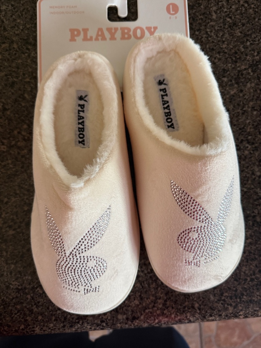 PLAYBOY Cream Plush Slip-On Slippers with Crystal Bunny Logo